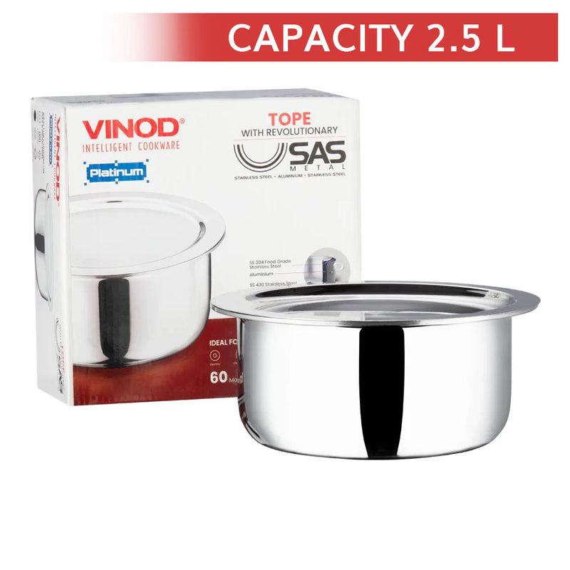 Vinod Platinum Stainless Steel Triply Tope With Lid - 18 cm 2. 5 Litres