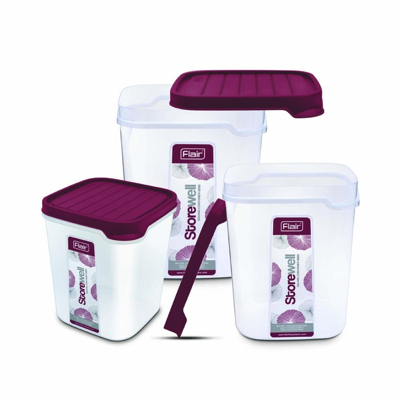 Flair Storewell Square Plastic Container - Maroon Set of 3