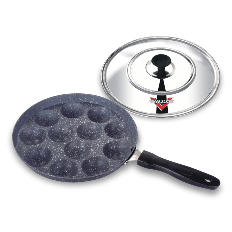 Varna Black 12 Cavity Aluminium Appam Tawa With Stainless Steel Lid 1 Unit