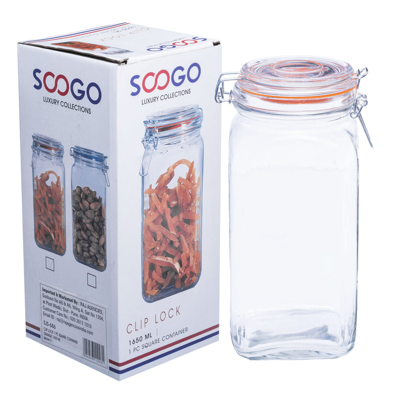 Soogo Clip Lock Square Glass Container With Orange Lid - 1.65 L 1 Unit