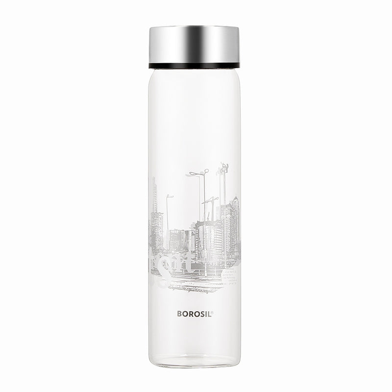 Borosil Roma Glass Bottle Wide Mouth Silver Lid 550 ml