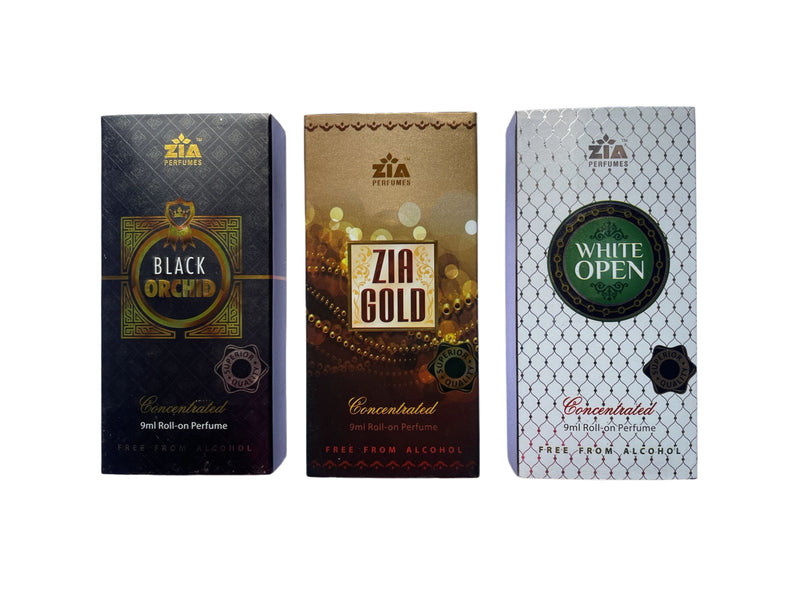 Ramzan Special Zia Attar Combo – Black Orchid, Gold & White Open (9ml Each)