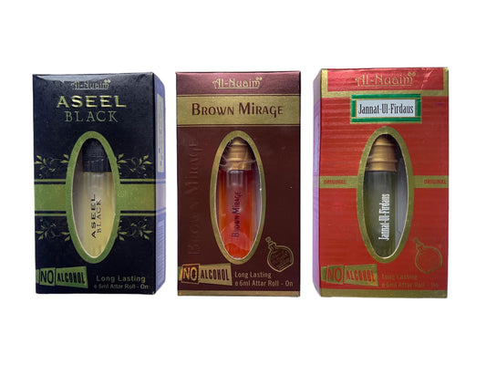 Ramzan Special Attar Combo - Al-Nuaim Aseel Black, Brown Mirage & Jannat Ul Firdaus (3 x 6ML)