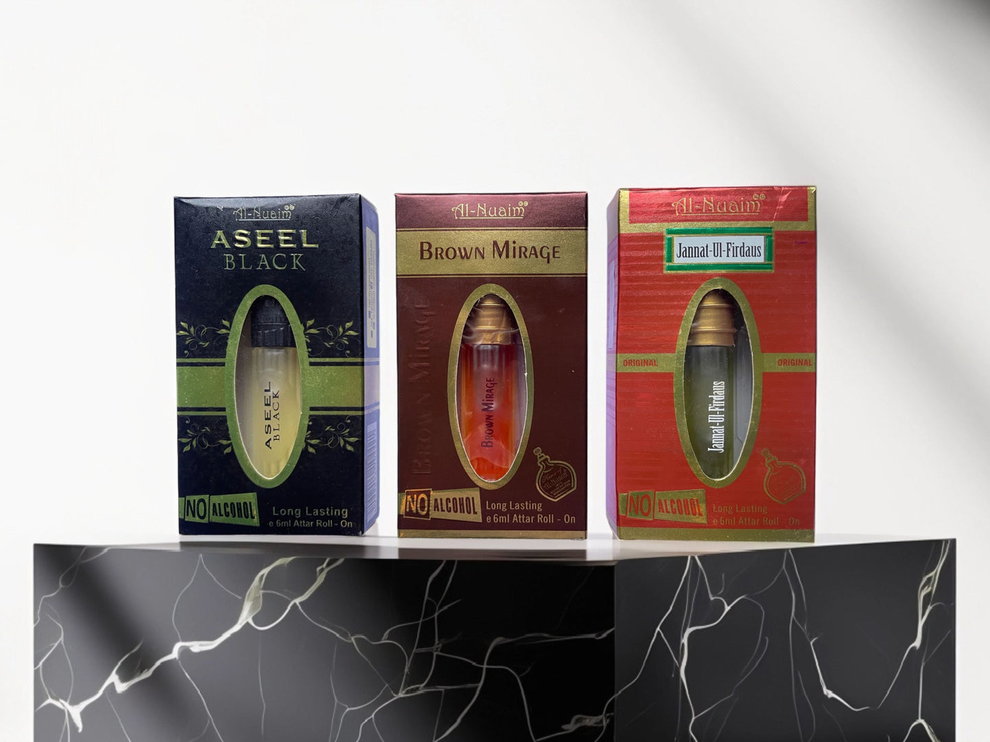 Ramzan Special Attar Combo - Al-Nuaim Aseel Black, Brown Mirage & Jannat Ul Firdaus (3 x 6ML)