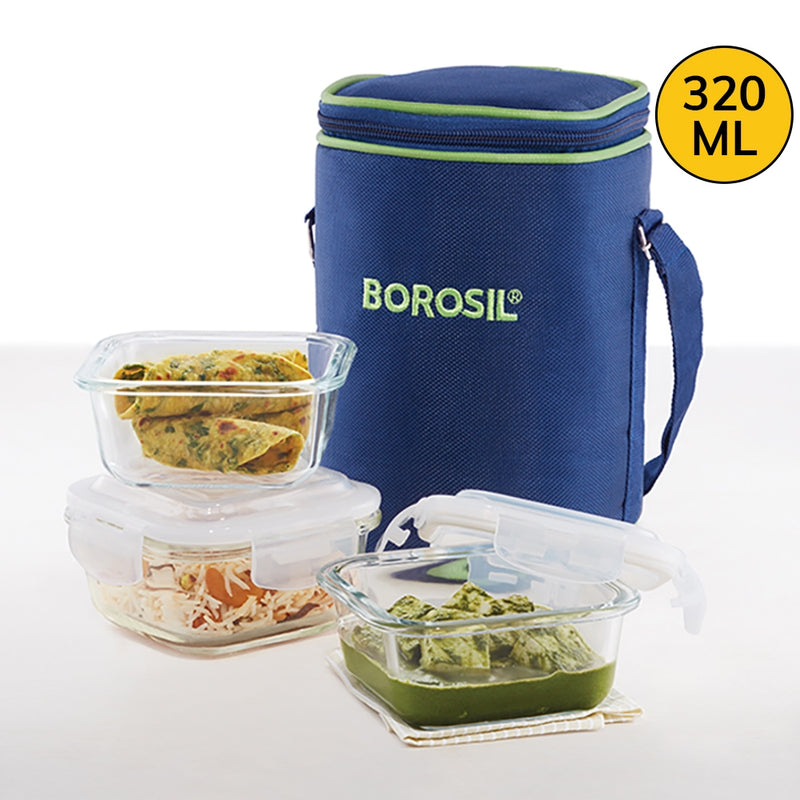 Borosil Klip- N- Store Square Glass Lunch Box - 3 Units 320 ml