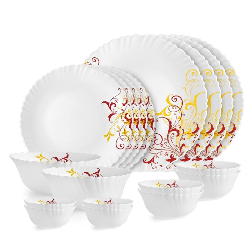 Cello Opalware Dazzle Series Yellow Scroll Dinner Set - White 18 Pieces