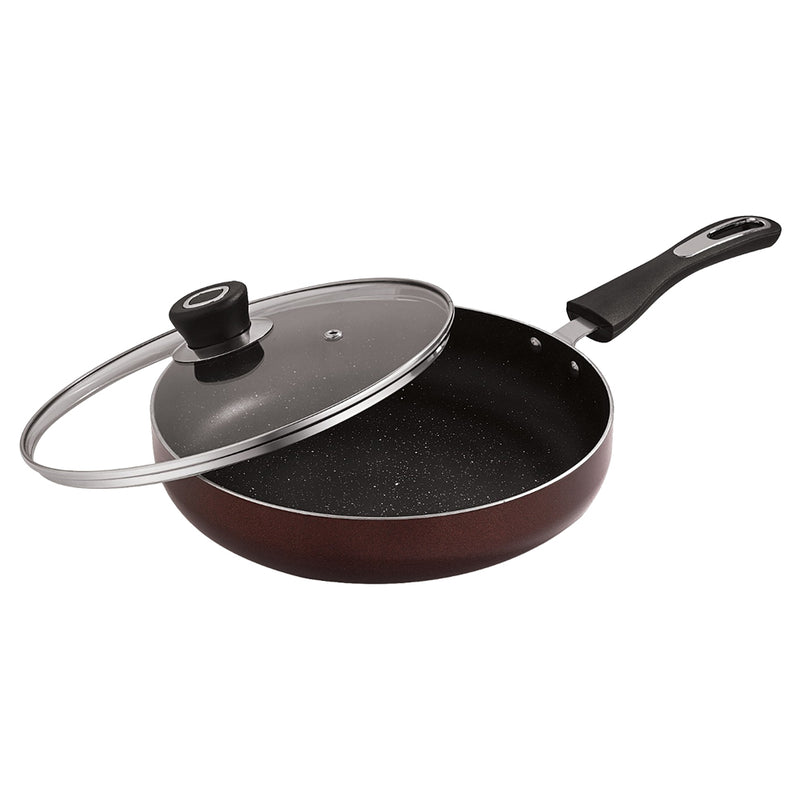 Bombay Kookware Induction NonStick FryPan With Glass Lid - Maroon 26 cm