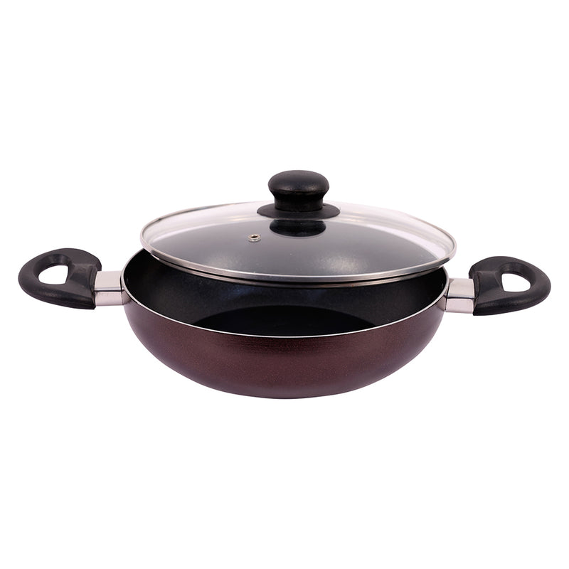 Bombay Kookware Non-stick Kadai With Glass Lid- Maroon 24 cm