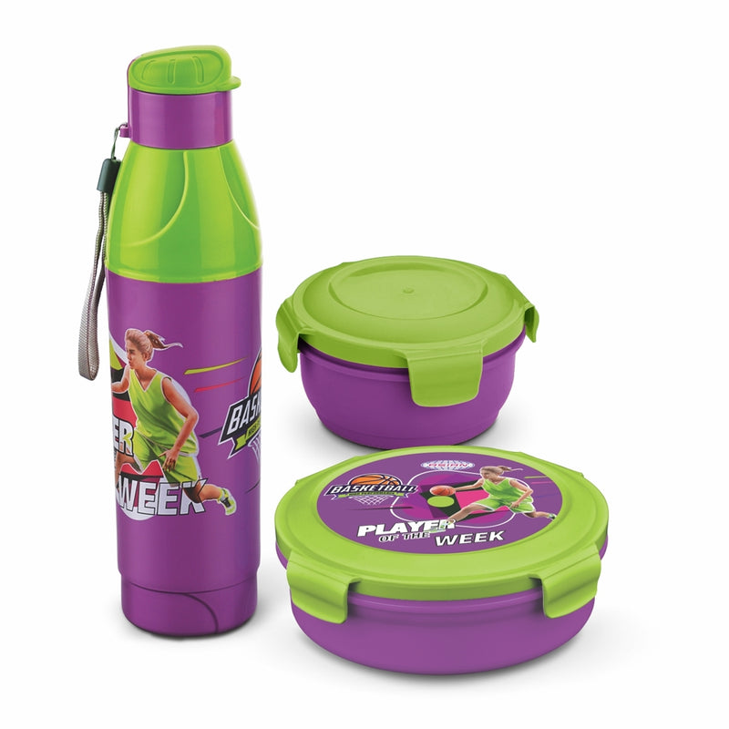 Asian Little Champions Set Lunch Box & Bottle - Green & Violet Set of 3