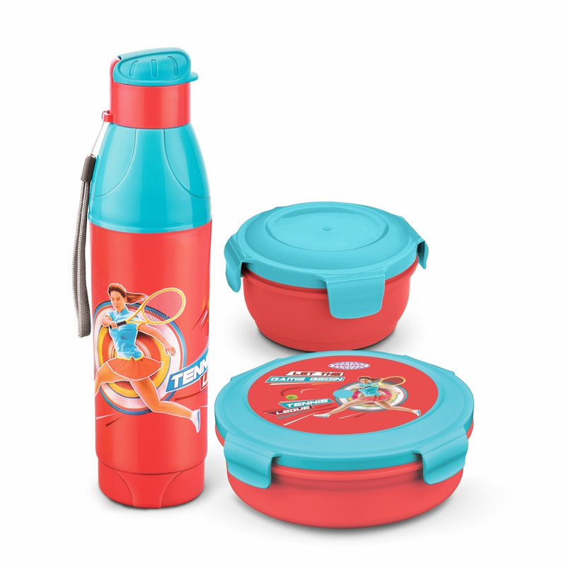 Asian Little Champions Set Lunch Box & Bottle - Saffron Red & Blue Set of 3