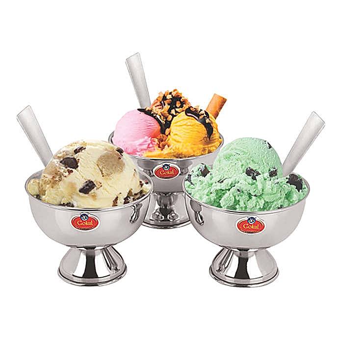 Gokul Steel Single Wall Ice-Cream Bowl & Spoon Set of 6