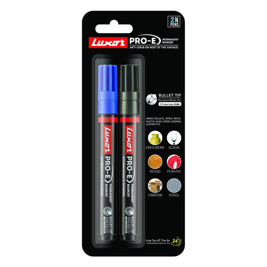 Luxor Pro-E Permanent Marker Blister - Black & Blue Pack of 2