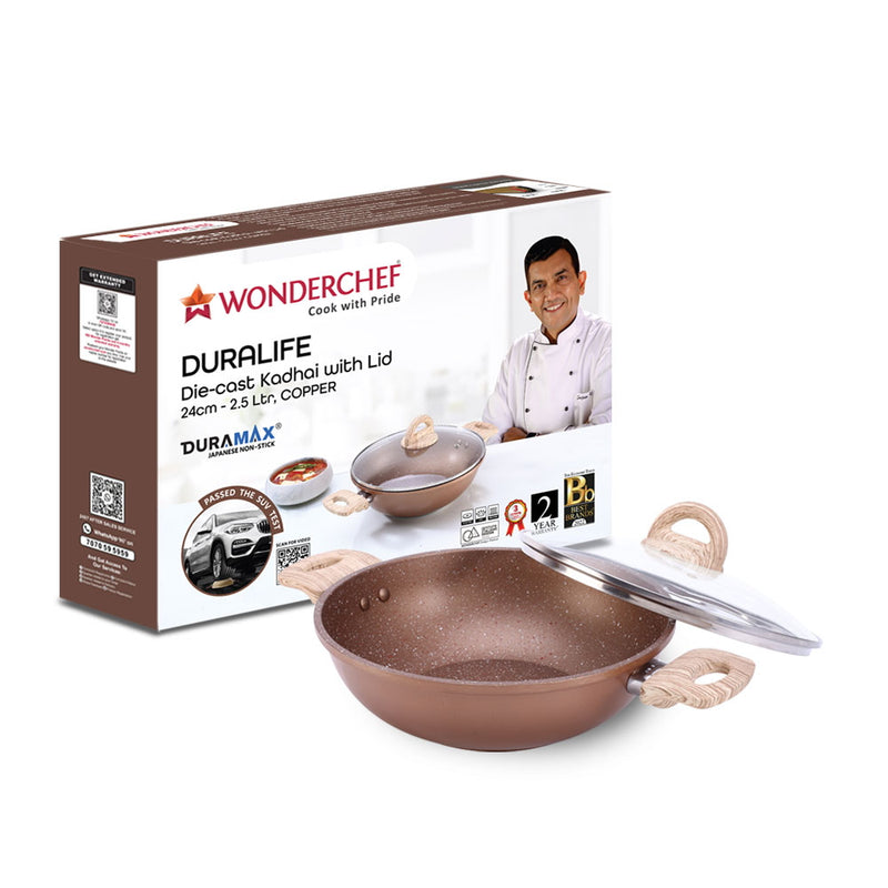 Wonderchef Duralife Die-cast Non-Stick Kadhai With Lid - Copper 24 cm