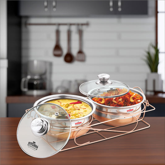 Stainless Steel Cook & Serve With Stand & Glass Lids 2 Pieces