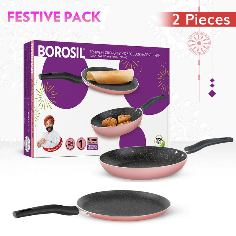 Borosil Festive Glory Non Stick Cookware Set - Pink 2 Pieces