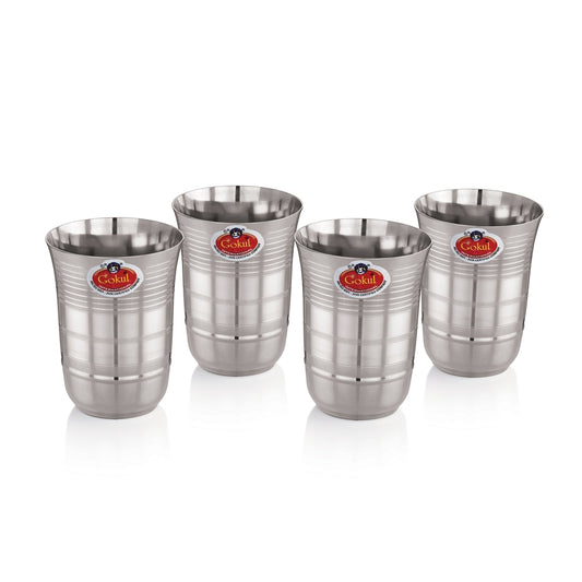 Gokul Stainless Steel Damru Glass Set - 300 ml Set of 4