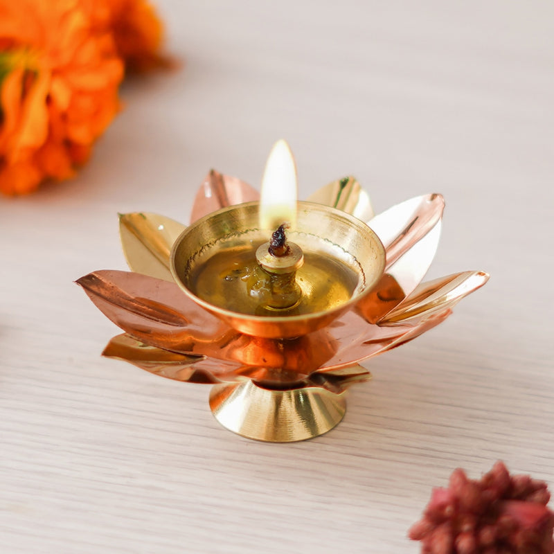 Ecraftindia Lotus Flower Decorative Brass Diya Golden 1 Unit