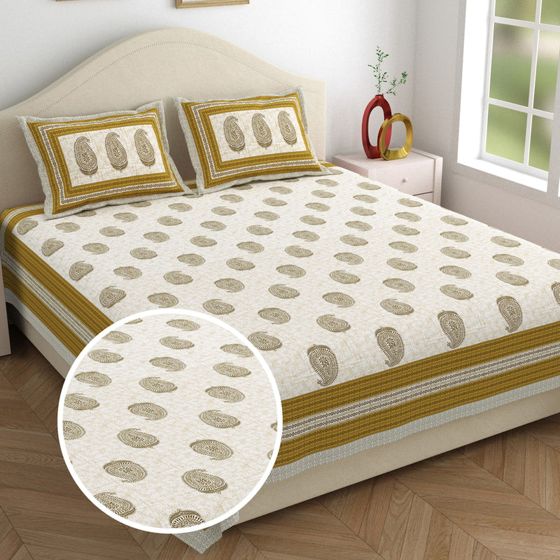 Salona Bichona Jaipuri Cotton Double Bedsheet 120Tc (001A) Mustard 220x265 cm