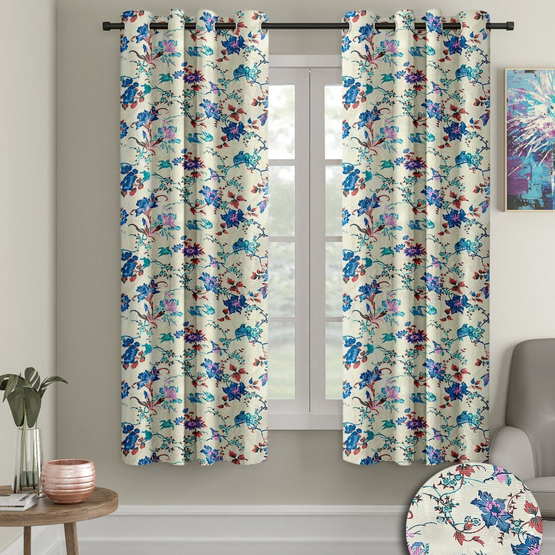 Cortina Leaf Printed 5 Feet Window Curtain - Blue 115x152 cm