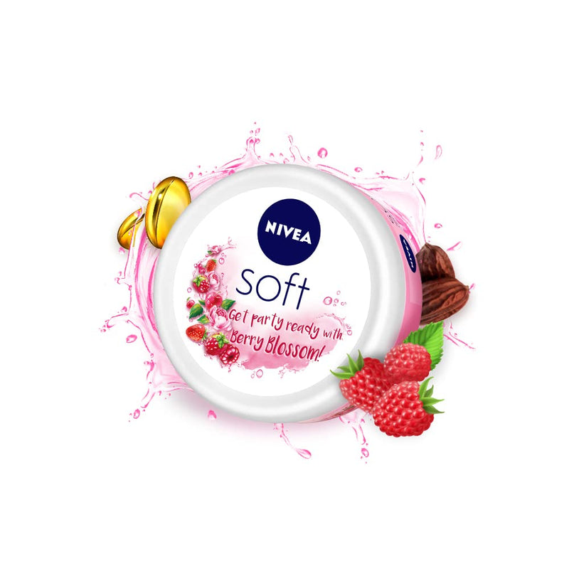 Nivea Soft Berry Blossom, Light Moisturizer For Face, Hand & Body, Instant Hydration Non-Greasy Cream With Vitamin E & Jojoba Oil, 200 ml