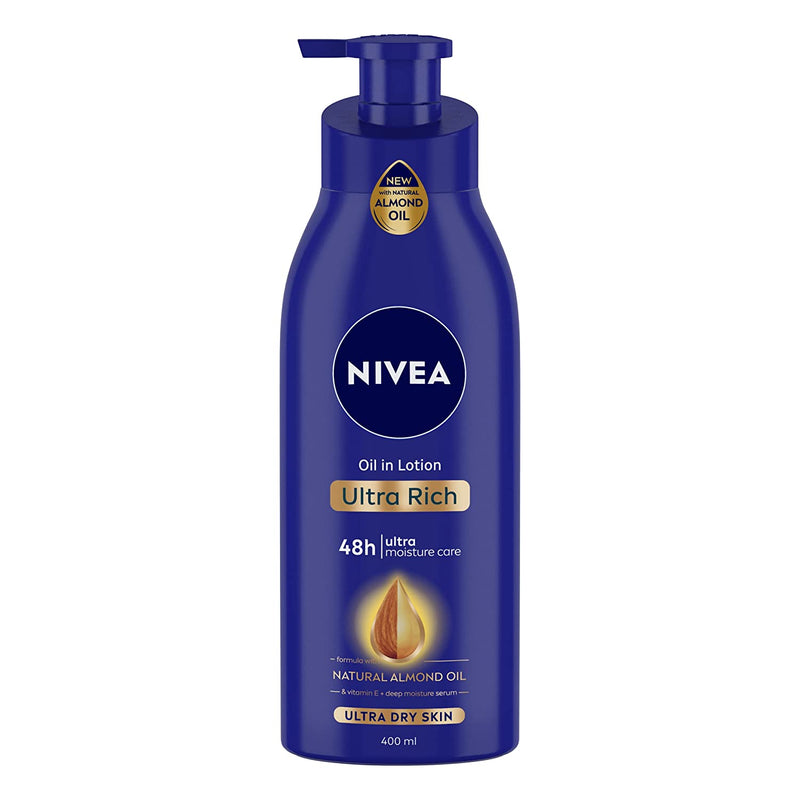 Nivea Body Lotion For Extremely Dry Skin, Oil In Lotion Ultra Rich, With Natural Almond Oil & Vitamin E, 48H Moisture Care, 400 ml